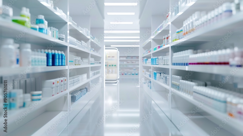 Obraz premium Futuristic 3D Hospital Pharmacy with Smart Shelves and Digital Interfaces for Medication Management