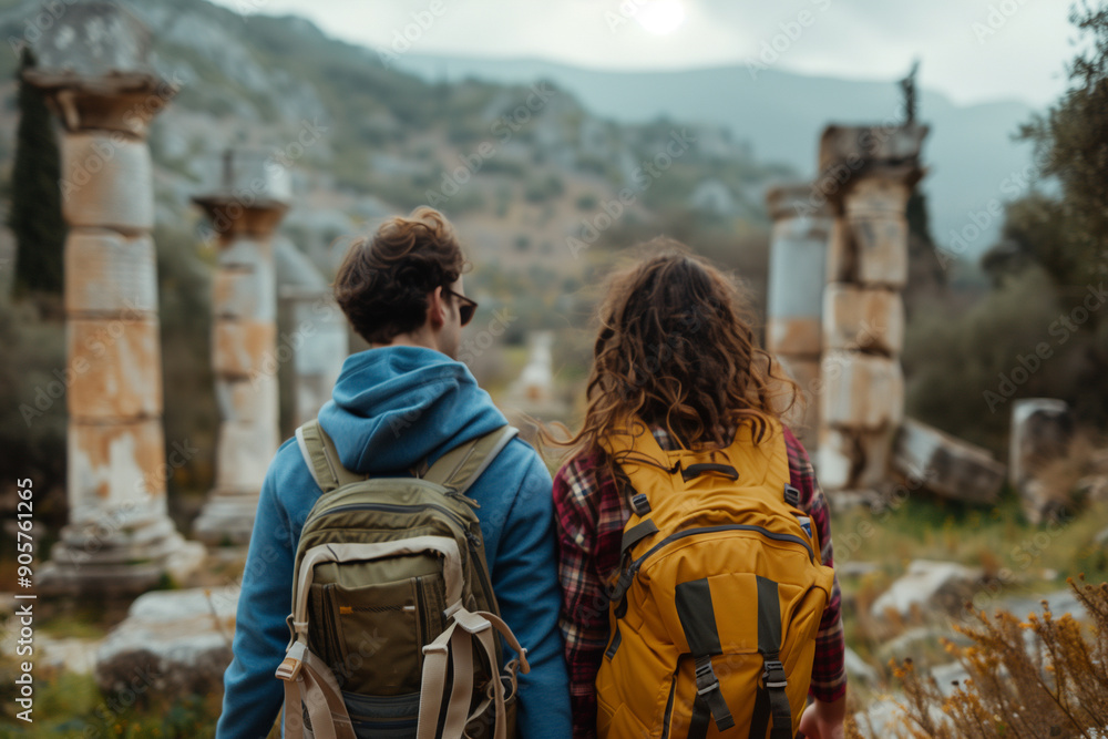 Young Couple Trekking Hand in Hand Through Ancient City Ruins Exploring Historical Sites Young Couple Trekking Hand in Hand Through Ancient City Ruins Exploring Historical Sites