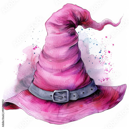 a Witch s hat with a buckle, watercolor clipart illustration, lsolated on white background photo