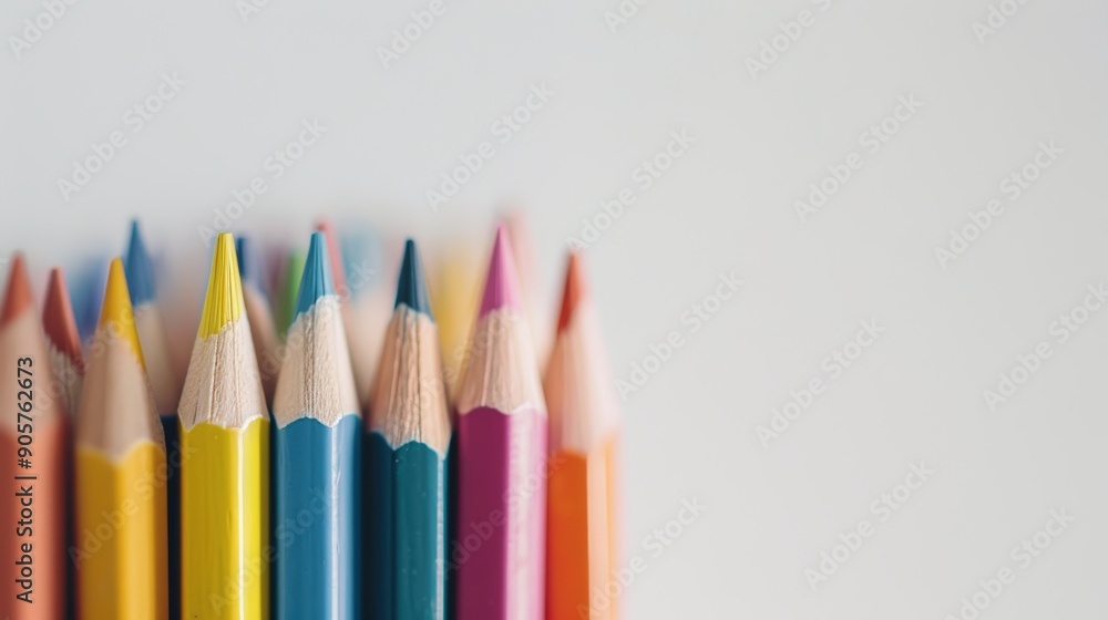 Vibrant Colored Pencils on White Background - Education and Creativity Concept with Soft Lighting and High Contrast Detail, Copy Space for Text or Design. Vibrant Colored Pencils on White Background - Education and Creativity Concept with Soft Lighting and High Contrast Detail, Copy Space for Text or Design.