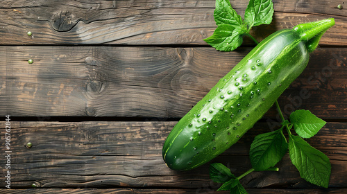 Top view of ripe fresh cucumber on rustic wooden background. Generative AI photo