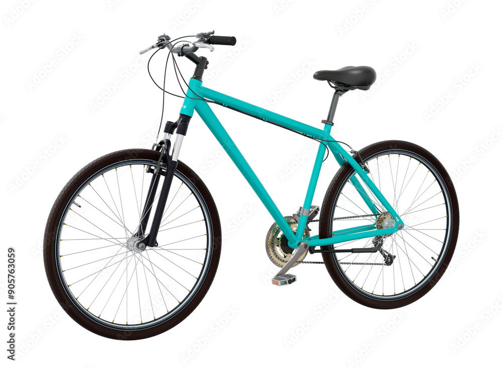 Blue teal bicycle, side front view. Black leather saddle and handles. Png clipart isolated on transparent background Blue teal bicycle, side front view. Black leather saddle and handles. Png clipart isolated on transparent background