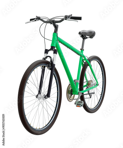 Green bicycle, front side view. Black leather saddle and handles. Png clipart isolated on transparent background photo