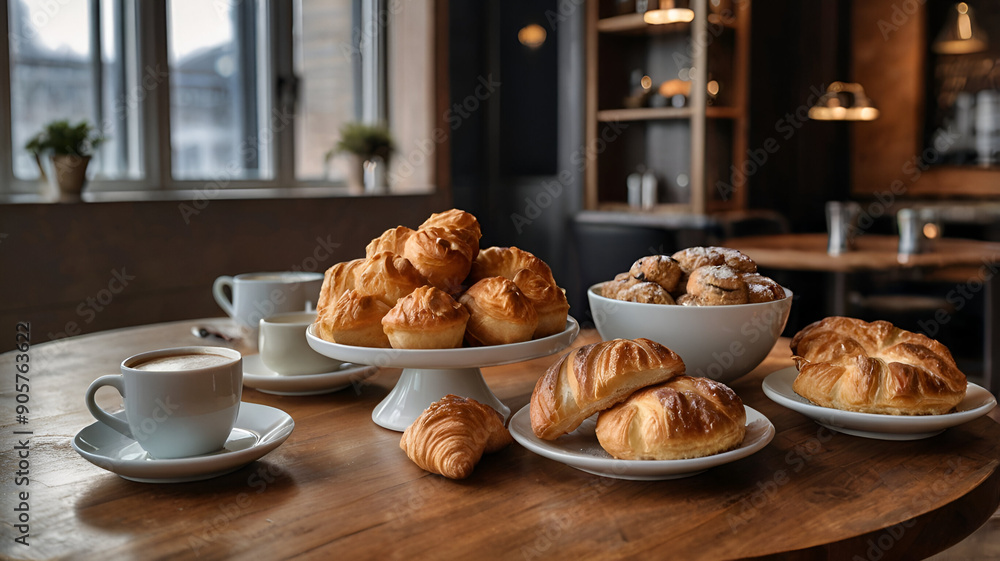 A cozy café setting with a steaming cup of cappuccino and a selection of freshly baked pastries like croissants, muffins, and scones, served on a wooden table. A cozy café setting with a steaming cup of cappuccino and a selection of freshly baked pastries like croissants, muffins, and scones, served on a wooden table.