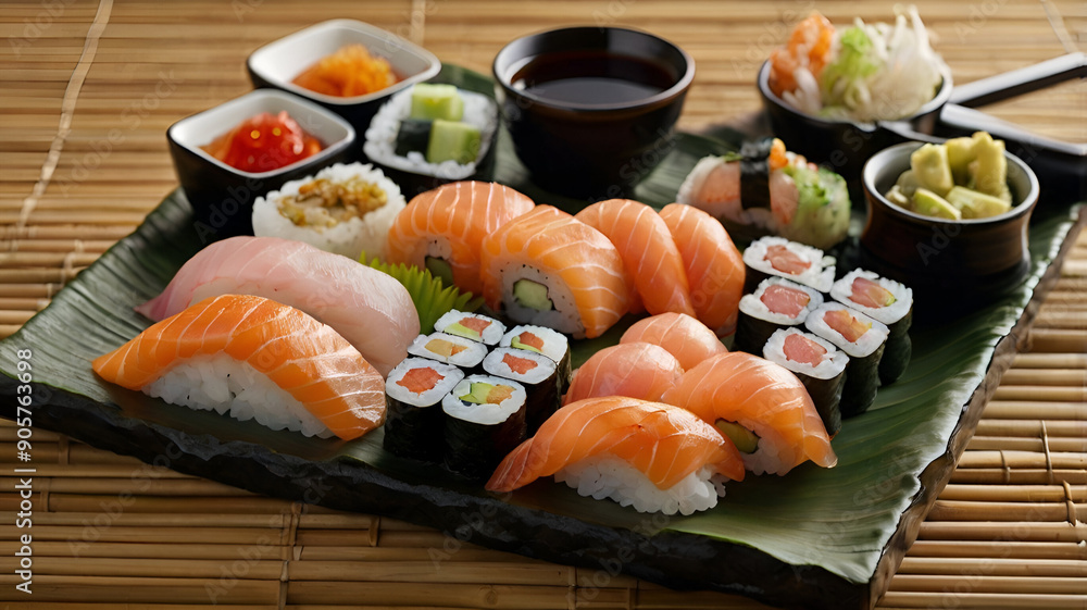 A meticulously arranged sushi platter with a variety of nigiri, sashimi, and rolls, garnished with pickled ginger, wasabi, and soy sauce, displayed on a traditional bamboo mat. A meticulously arranged sushi platter with a variety of nigiri, sashimi, and rolls, garnished with pickled ginger, wasabi, and soy sauce, displayed on a traditional bamboo mat.