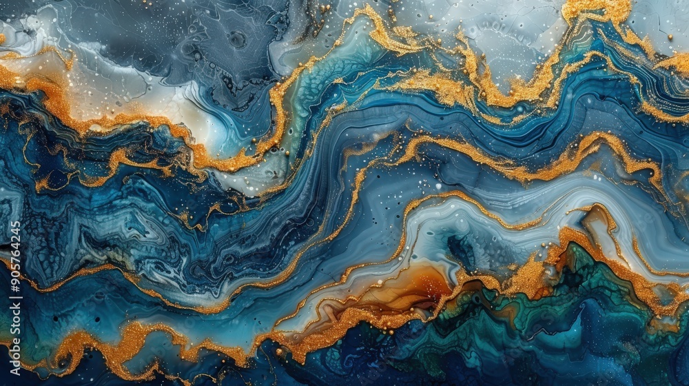 A high-resolution image of a blue marble texture with abstract gold watercolor patterns, blending gray, white, and dark green hues, showcasing a fluid and luxurious ink gradient on a canvas-like A high-resolution image of a blue marble texture with abstract gold watercolor patterns, blending gray, white, and dark green hues, showcasing a fluid and luxurious ink gradient on a canvas-like