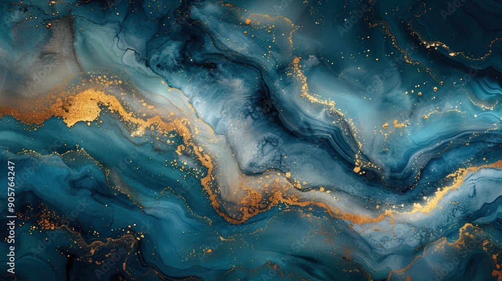 A high-resolution image of a blue marble texture with abstract gold watercolor patterns, blending gray, white, and dark green hues, showcasing a fluid and luxurious ink gradient on a canvas-like A high-resolution image of a blue marble texture with abstract gold watercolor patterns, blending gray, white, and dark green hues, showcasing a fluid and luxurious ink gradient on a canvas-like