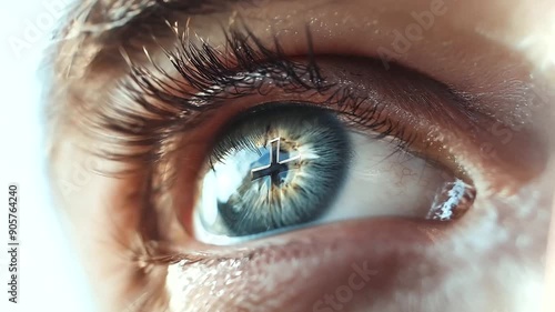 Reflection of Christian Cross in Man's Eye Closeup - Contemplating Belief in Jesus Christ, Sacrifice, and Grace, Holy Bible Believer's Faith and Forgiveness 