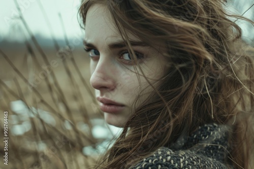 A woman stands in a field with her long hair flowing in the wind