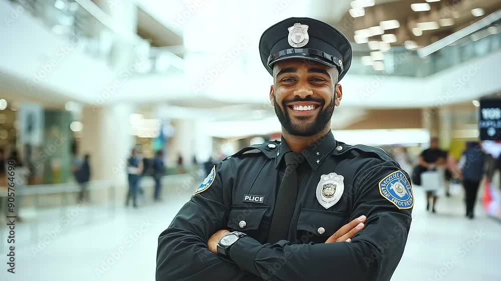Smiling Police Officer in Uniform - Happy Cop with Crossed Arms in Mall or Airport Interior, Safety Service and Control Occupation with Copy Space Smiling Police Officer in Uniform - Happy Cop with Crossed Arms in Mall or Airport Interior, Safety Service and Control Occupation with Copy Space