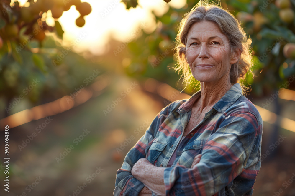 Middle-aged farmer proudly posing with fruit trees in the background, hands clasped, sustainable agriculture Middle-aged farmer proudly posing with fruit trees in the background, hands clasped, sustainable agriculture