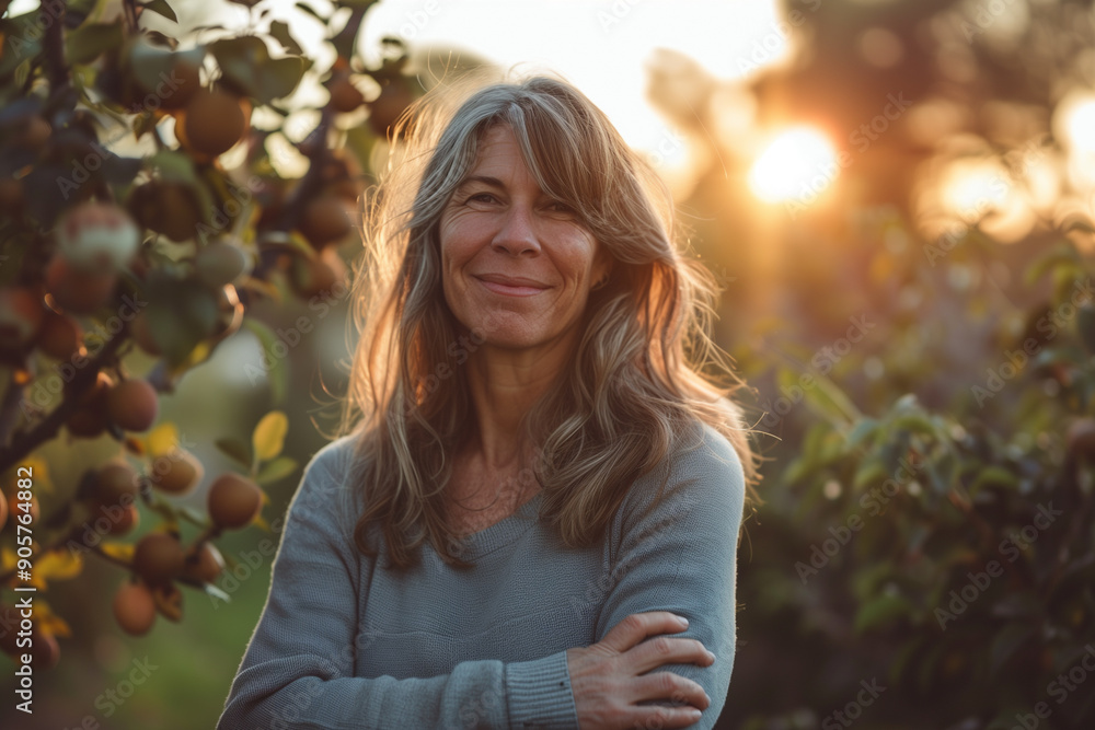 Middle-aged farmer proudly posing with fruit trees in the background, hands clasped, sustainable agriculture Middle-aged farmer proudly posing with fruit trees in the background, hands clasped, sustainable agriculture