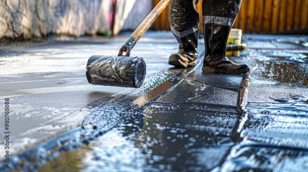 A worker applies a coat of sealant to a freshly laid surface using a roller, ensuring a smooth finish with protective gear. A worker applies a coat of sealant to a freshly laid surface using a roller, ensuring a smooth finish with protective gear.