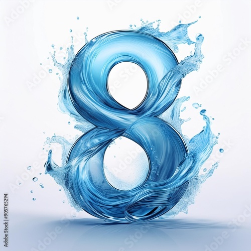 number 8, realistic, water effect, glass texture