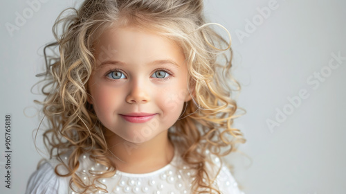 little cute smiling curly blonde girl in a white pearl dress on a studio background, child, baby, toddler, children, childhood, kid, blue eyes, innocence, angel, charming, person, emotion, face, head