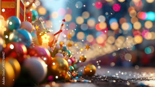 Festive Holiday Parade: Vibrant Christmas 3D Illustration with Colorful Floats and Cheerful Performers