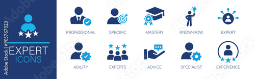 Expert icon collection. Professional, specific, mastery, know-how, expert, related. Vector collection of solid icons.