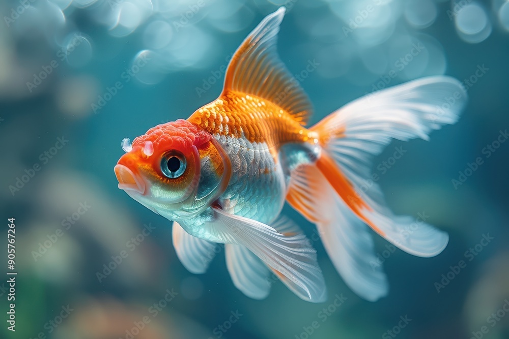 Close-Up of Goldfish with Mouth Open, White and Red Colors on Blue Background
Close-Up of Goldfish with Mouth Open, White and Red Colors on Blue Background