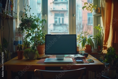 Wallpaper Mural A person's personal computer placed on a traditional wooden work surface Torontodigital.ca