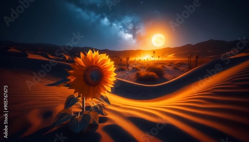 A close up of a sunflower on a nite desert background, image created with Generative A.I. photo