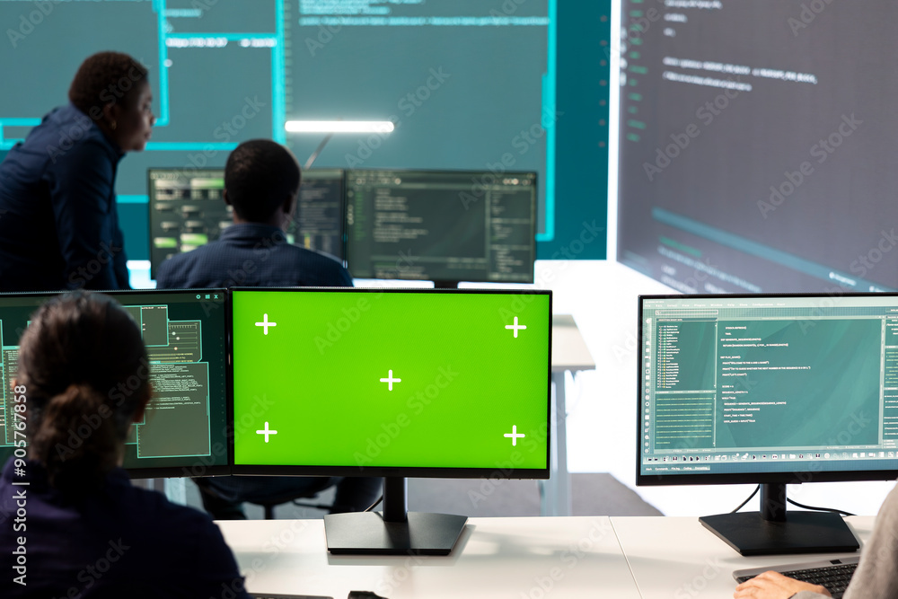 Cyber security experts working with mockup layout on a desktop pc, using encryption and IT security in a governmental agency. Focusing on cyber operations to hack rival states systems. Cyber security experts working with mockup layout on a desktop pc, using encryption and IT security in a governmental agency. Focusing on cyber operations to hack rival states systems.