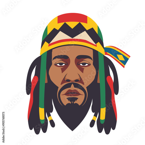Ethnic male wearing traditional colorful knitted cap, dreadlocks, stoic expression, profound pride. African cultural heritage, young adult man, historical character, digital art style. Isolated