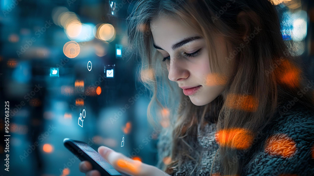 Teen girl intensely focused on her smartphone, with digital icons floating around, symbolizing online connectivity and social media. Teen girl intensely focused on her smartphone, with digital icons floating around, symbolizing online connectivity and social media.