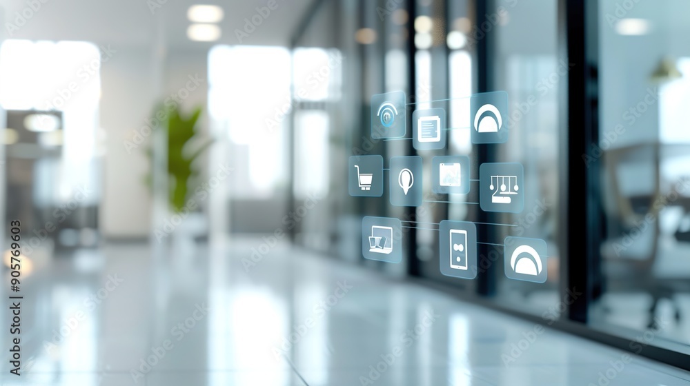 Futuristic Office Workspace with Virtual Assistant Icons and Copy Space Futuristic Office Workspace with Virtual Assistant Icons and Copy Space