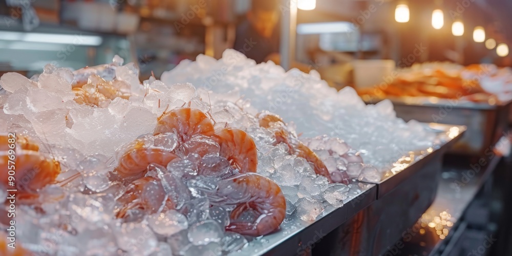 Fresh Seafood Preserved on Ice at a Bustling Fish and Shrimp Market, a Visual Treat Celebrating the Abundance of Marine Delights Fresh Seafood Preserved on Ice at a Bustling Fish and Shrimp Market, a Visual Treat Celebrating the Abundance of Marine Delights