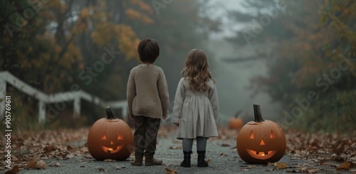 Children in Mysterious Forest With Halloween Pumpkins at Dusk