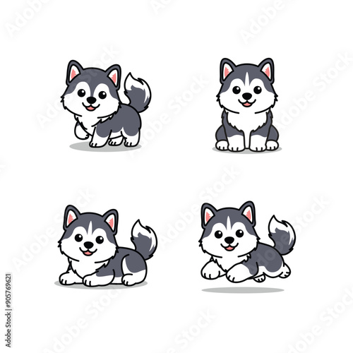 Cute siberian husky puppy cartoon collection set, vector illustration