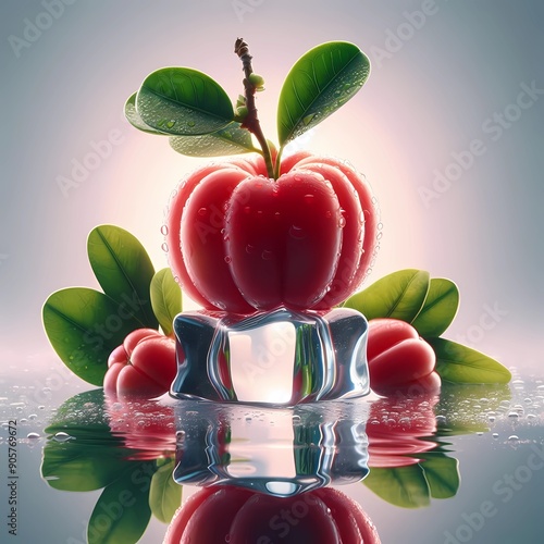 A close up of a Acerola ( Crataegus azarolus ) on a lagun light whit reflexion background, Created with generative A.I  photo