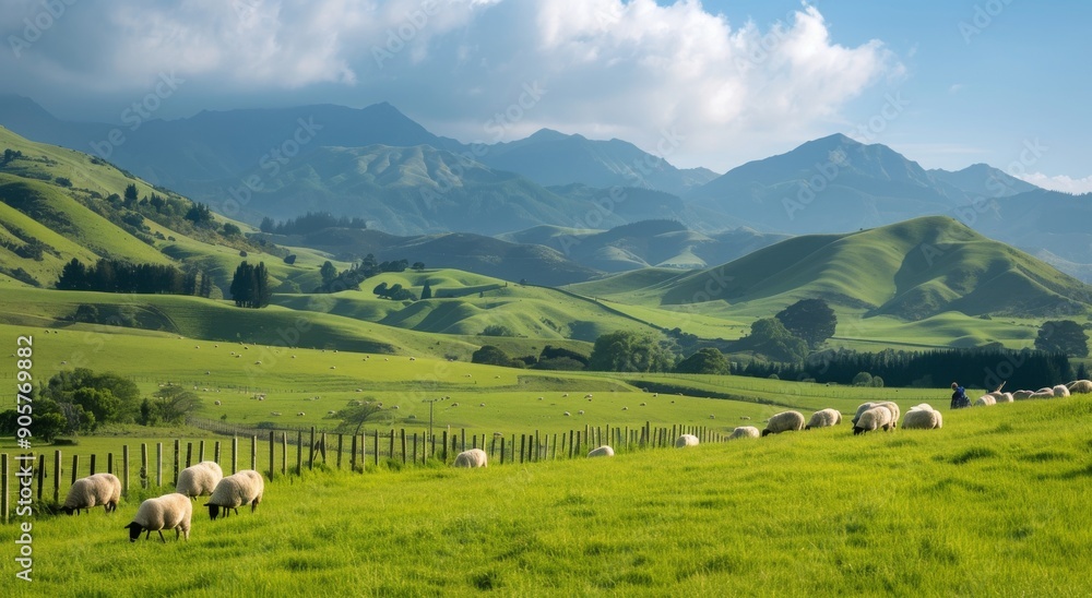 Sheep Grazing in Lush Green Pastures Under a Clear Blue Sky in the Countryside Sheep Grazing in Lush Green Pastures Under a Clear Blue Sky in the Countryside