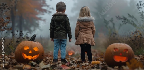Children in Mysterious Forest With Halloween Pumpkins at Dusk