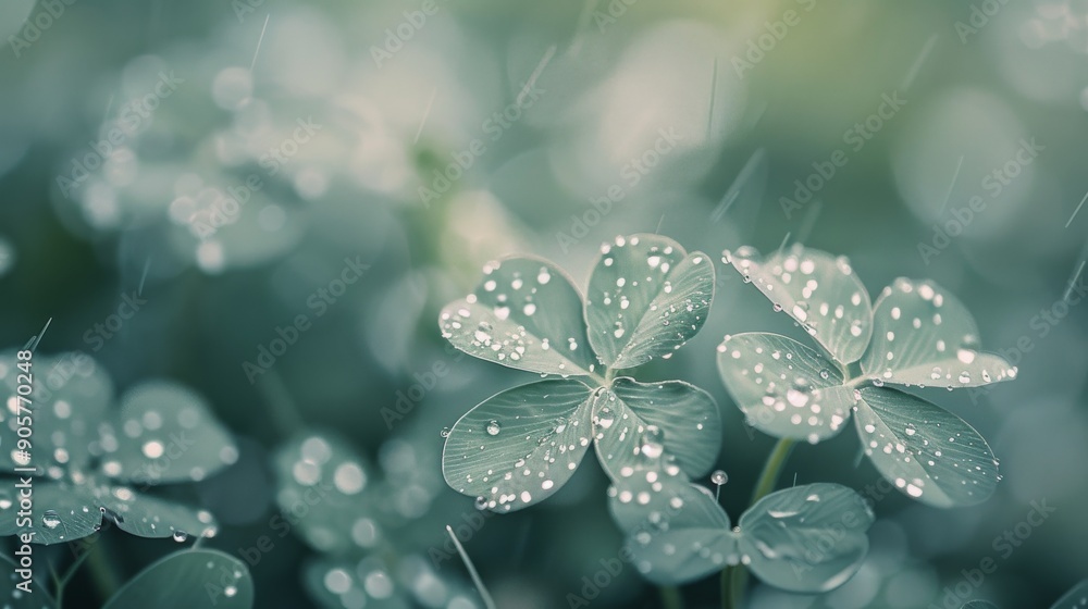 Dew-Kissed Clover Leaves in a Rainy Field at Dawn Dew-Kissed Clover Leaves in a Rainy Field at Dawn