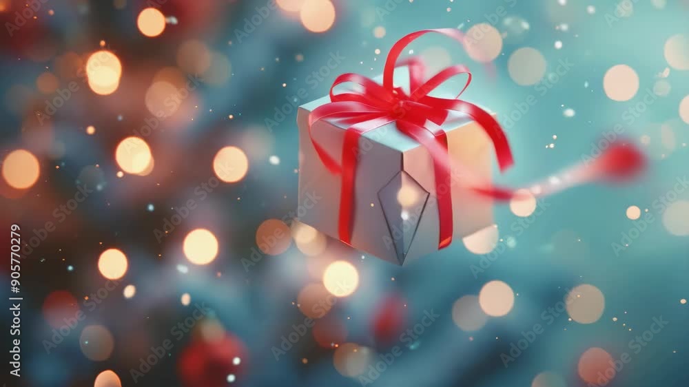 A festive gift box tied with a red ribbon floats amid a backdrop of colorful bokeh lights. The scene evokes a magical holiday ambiance, filled with joy and anticipation. A festive gift box tied with a red ribbon floats amid a backdrop of colorful bokeh lights. The scene evokes a magical holiday ambiance, filled with joy and anticipation.