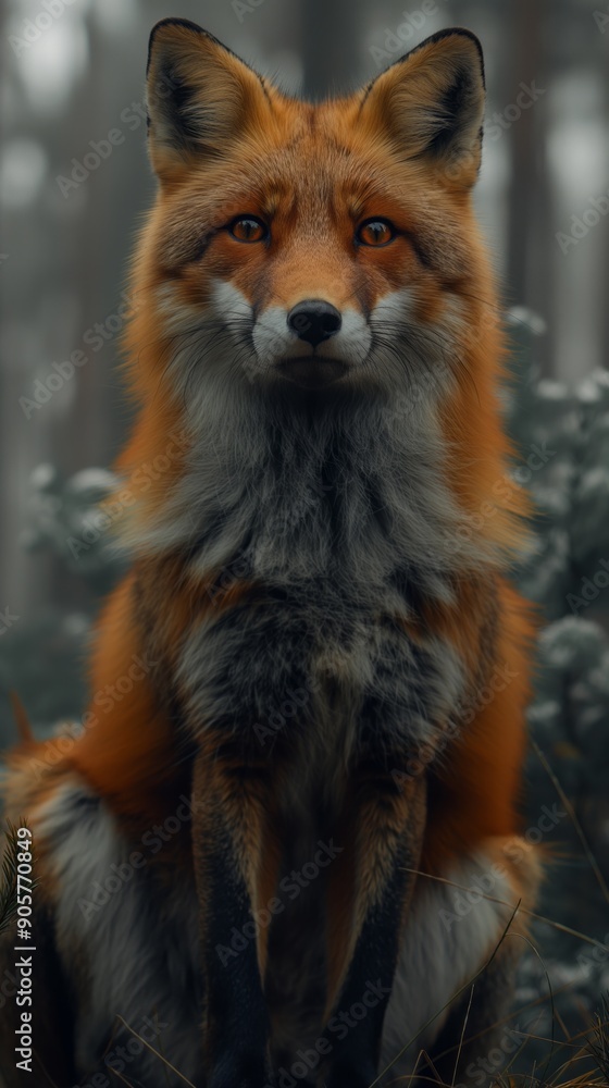 Fototapeta premium A vibrant red fox sits gracefully amidst soft flowers, surrounded by a tranquil misty forest, showcasing its striking features and rich colors.