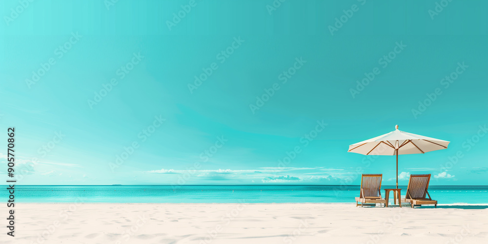 Beach Umbrella and Lounge Chairs by the Shore