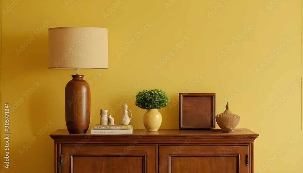 Wooden cabinet and accessories decor in living room interior on empty soft yellow wall background. Wooden cabinet and accessories decor in living room interior on empty soft yellow wall background.