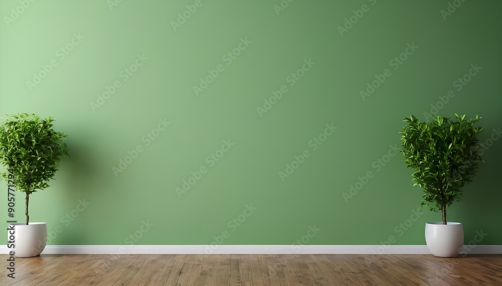 Fototapeta premium Green classic wall background with copy space, mock up room, brown parquet floor