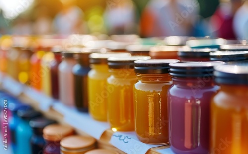 Colorful Jars of Homemade Preserves Displayed at a Sunset Market