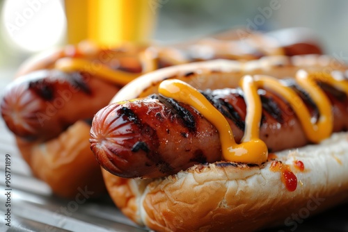 Game Day Grilled Hot Dogs with Mustard and Ketchup, Served with Draft Beer for Sports Competition  photo