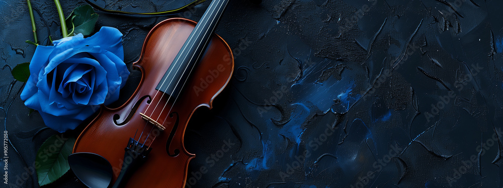 Violin and Blue Roses on Blue Background with Space for Text Violin and Blue Roses on Blue Background with Space for Text