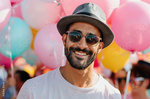 Man Smiling With Colorful Balloons Against Pink Background At Celebration Event