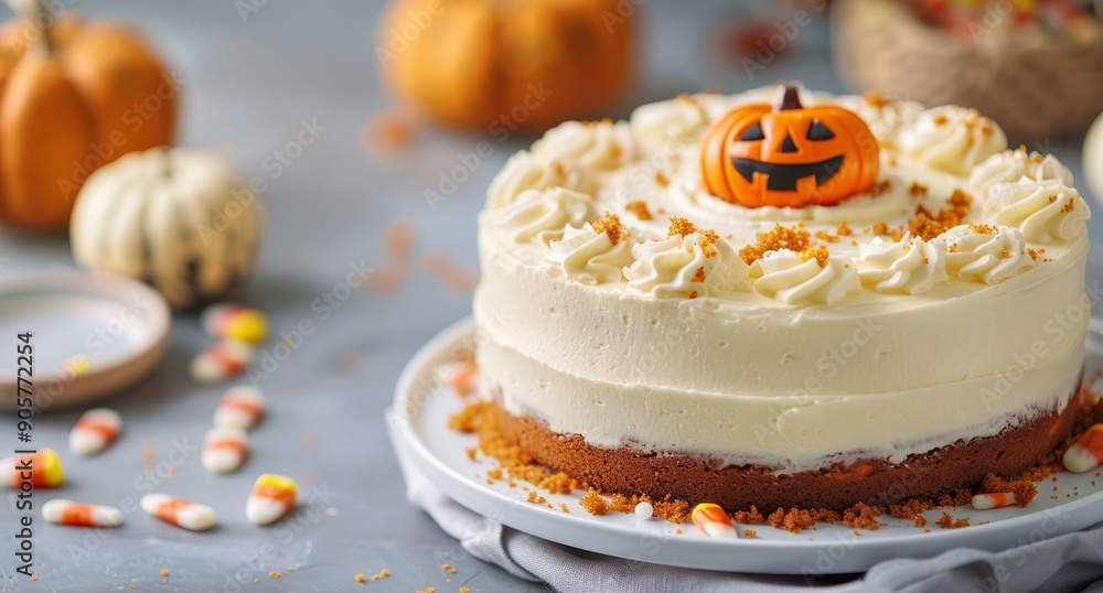 Festive Pumpkin Cake With Whipped Cream and Candy Decor in Autumn Setting Festive Pumpkin Cake With Whipped Cream and Candy Decor in Autumn Setting
