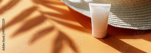Sunscreen Bottle Resting Beneath Straw Hat on Sunlit Surface