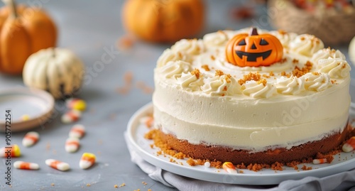 Festive Pumpkin Cake With Whipped Cream and Candy Decor in Autumn Setting