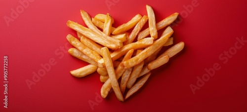 Golden French Fries Forming Heart Shape on Red Background