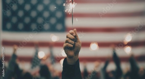 Hand Holding Sparkler Against American Flag During Celebration