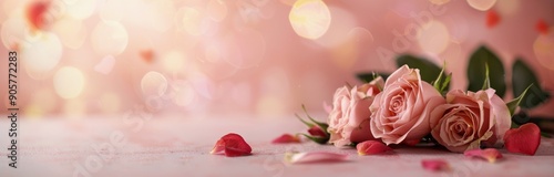 Delicate Pink Roses Surrounded by Petals on a Soft Pink Background